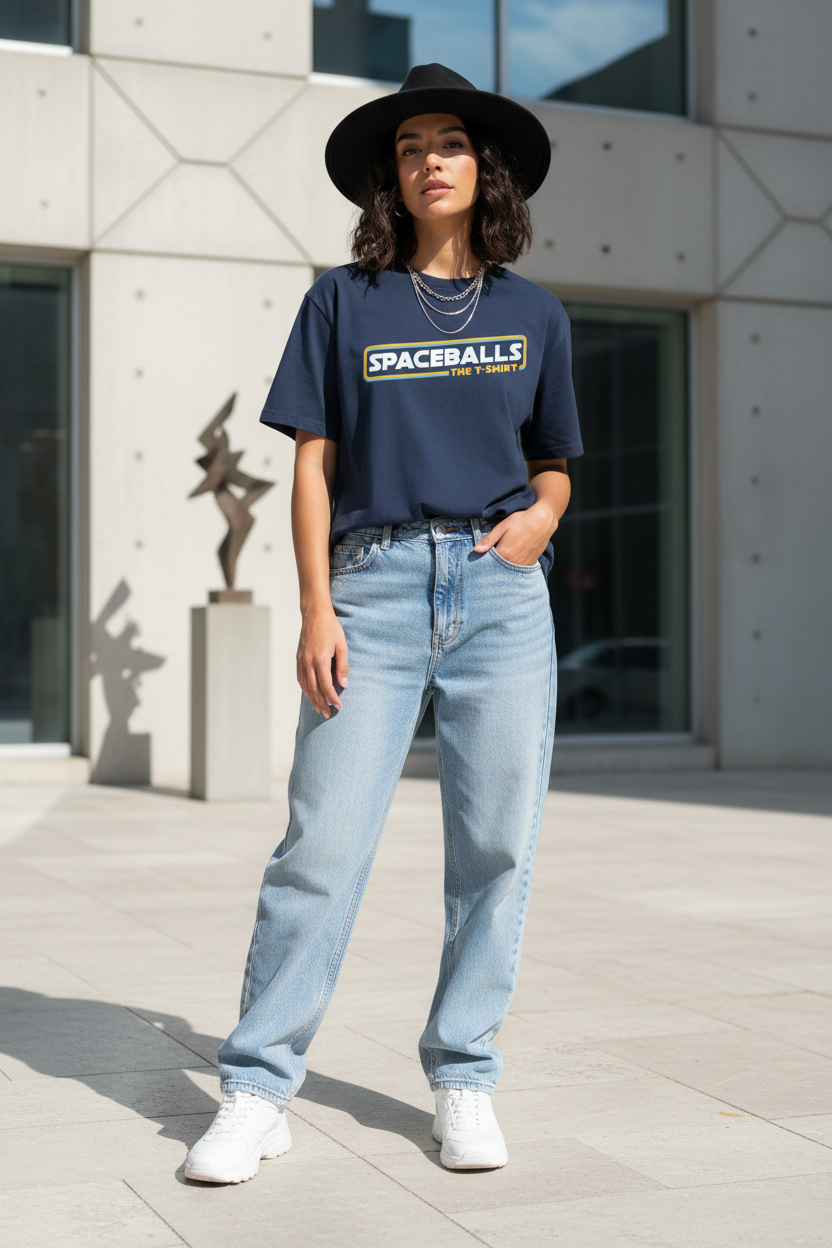 Female model in Spaceballs tee - minimalist backdrop