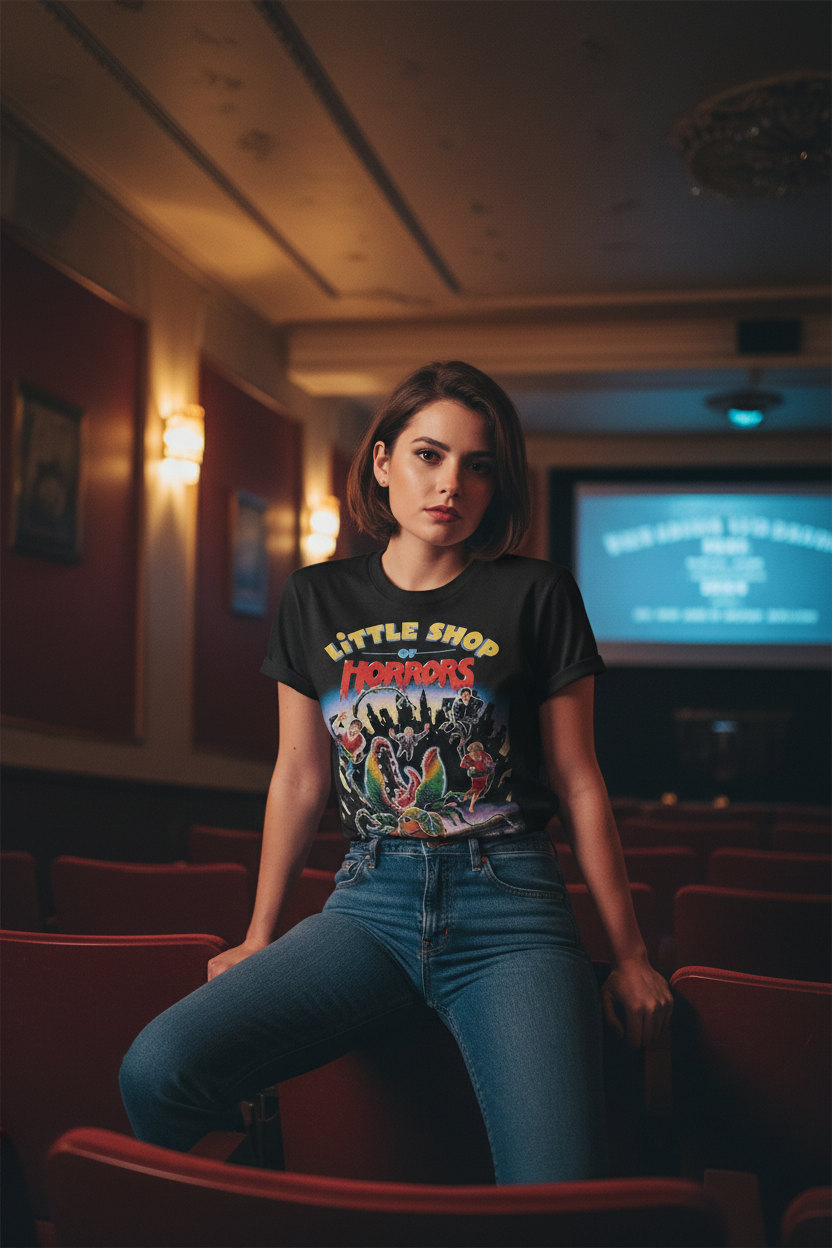 Little Shop of Horrors Retro Tee Female model in vintage movie theater
