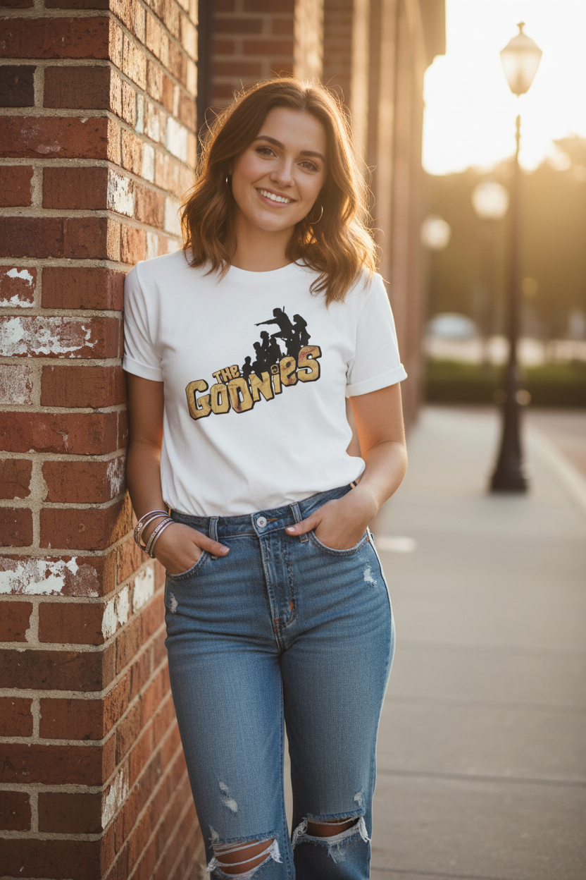 t-shirt with 'The Goonies' logo Female model outdoor setting - white tee