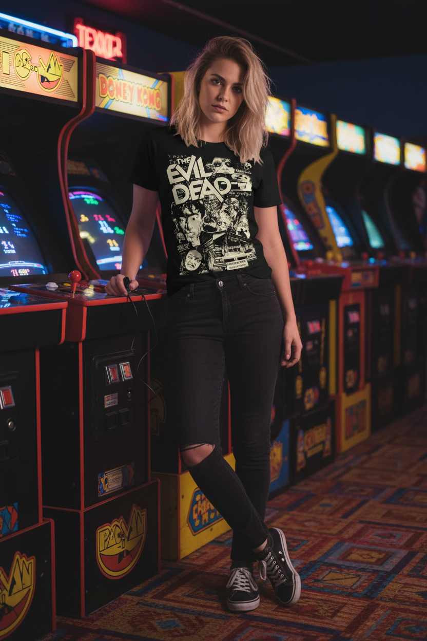 Female model retro arcade with product
