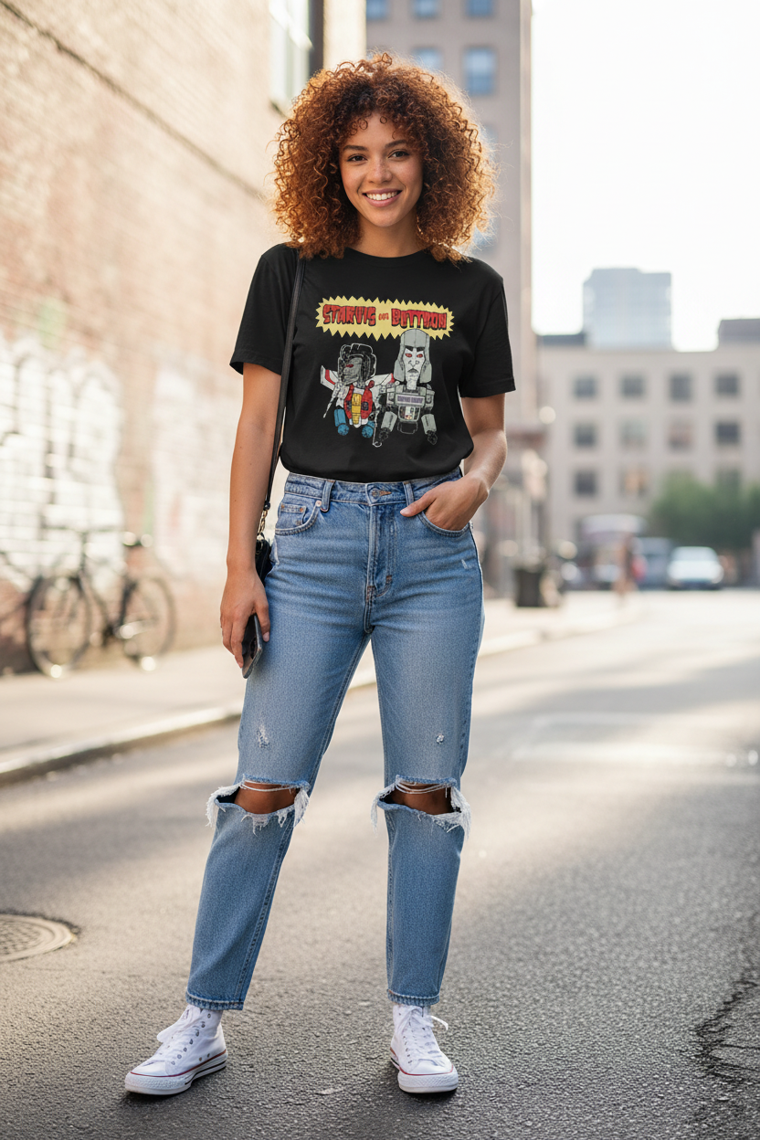 Female model wearing Beavis and Butt-Head t-shirt
