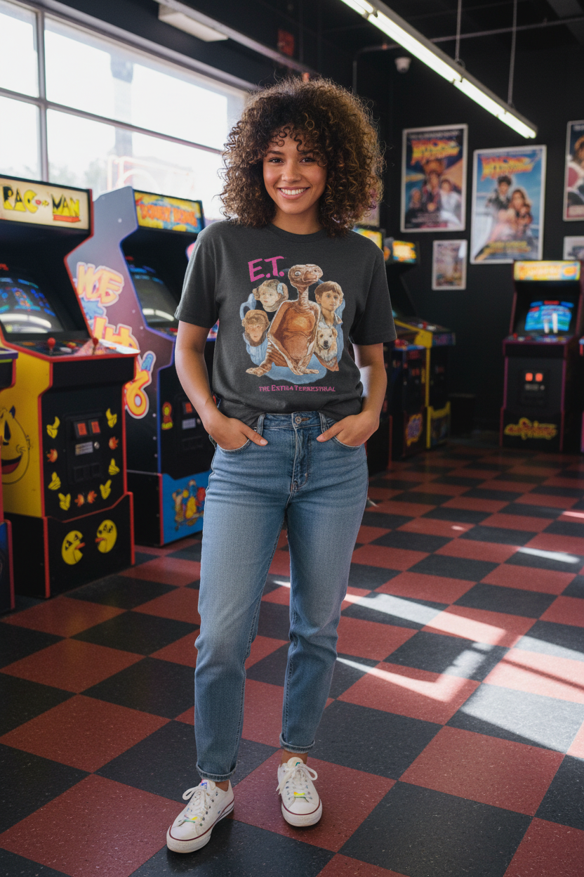Female model wearing E.T. t-shirt