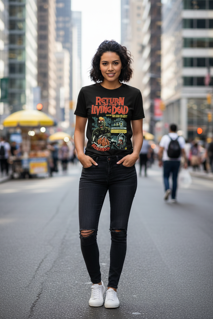 Female model wearing Return of the Living Dead t-shirt