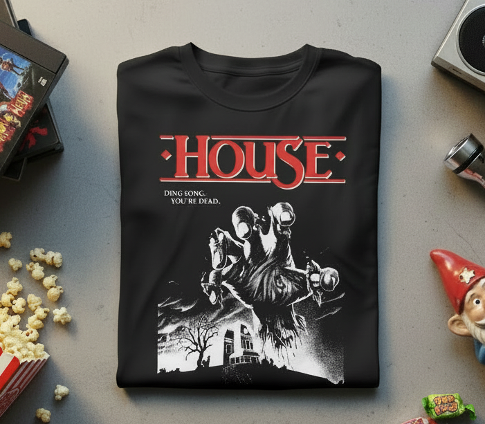 Flat lay with 80s horror props and VHS tapes