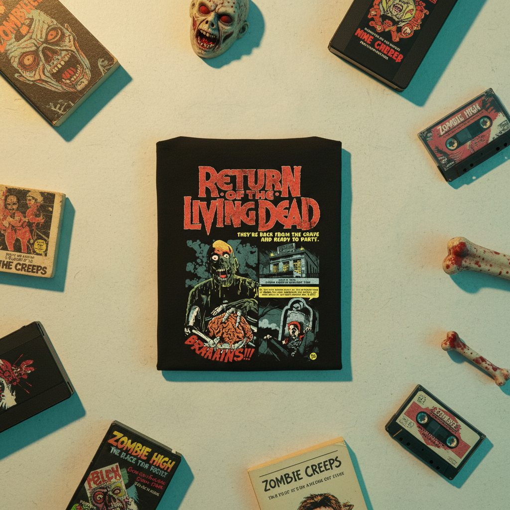 Flat lay with 80s zombie props and VHS tapes