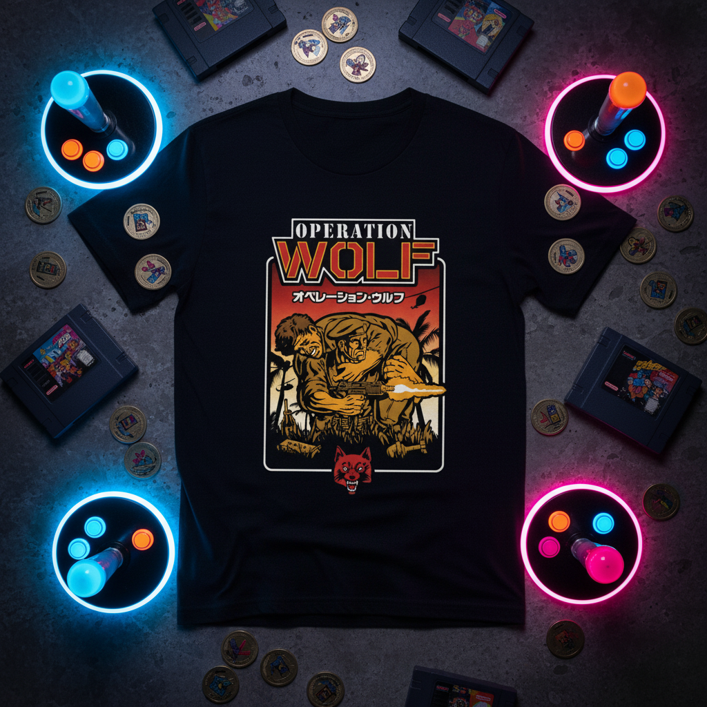 Operation Wolf Tee - Flat lay with arcade accessories