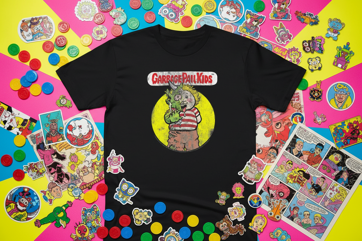 Flat-lay with arcade tokens and collectibles