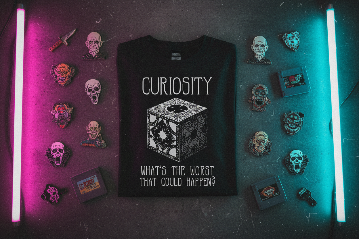 Curiosity - Hellraiser Tee Flat Lay with Pins and Cartridges
