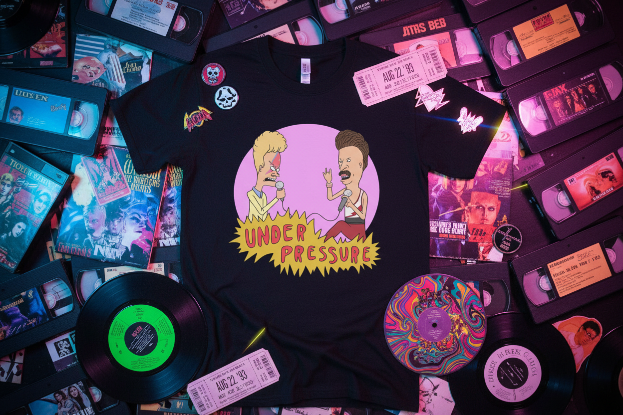 Flat lay with VHS and music items