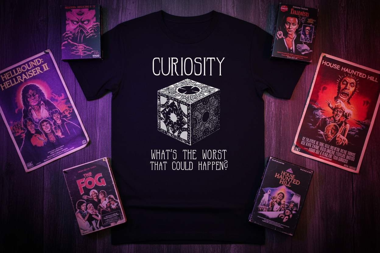 Curiosity - Hellraiser Tee Flat Lay with VHS Tapes