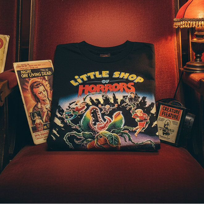 Little Shop of Horrors Retro Tee Folded on vintage theater seat
