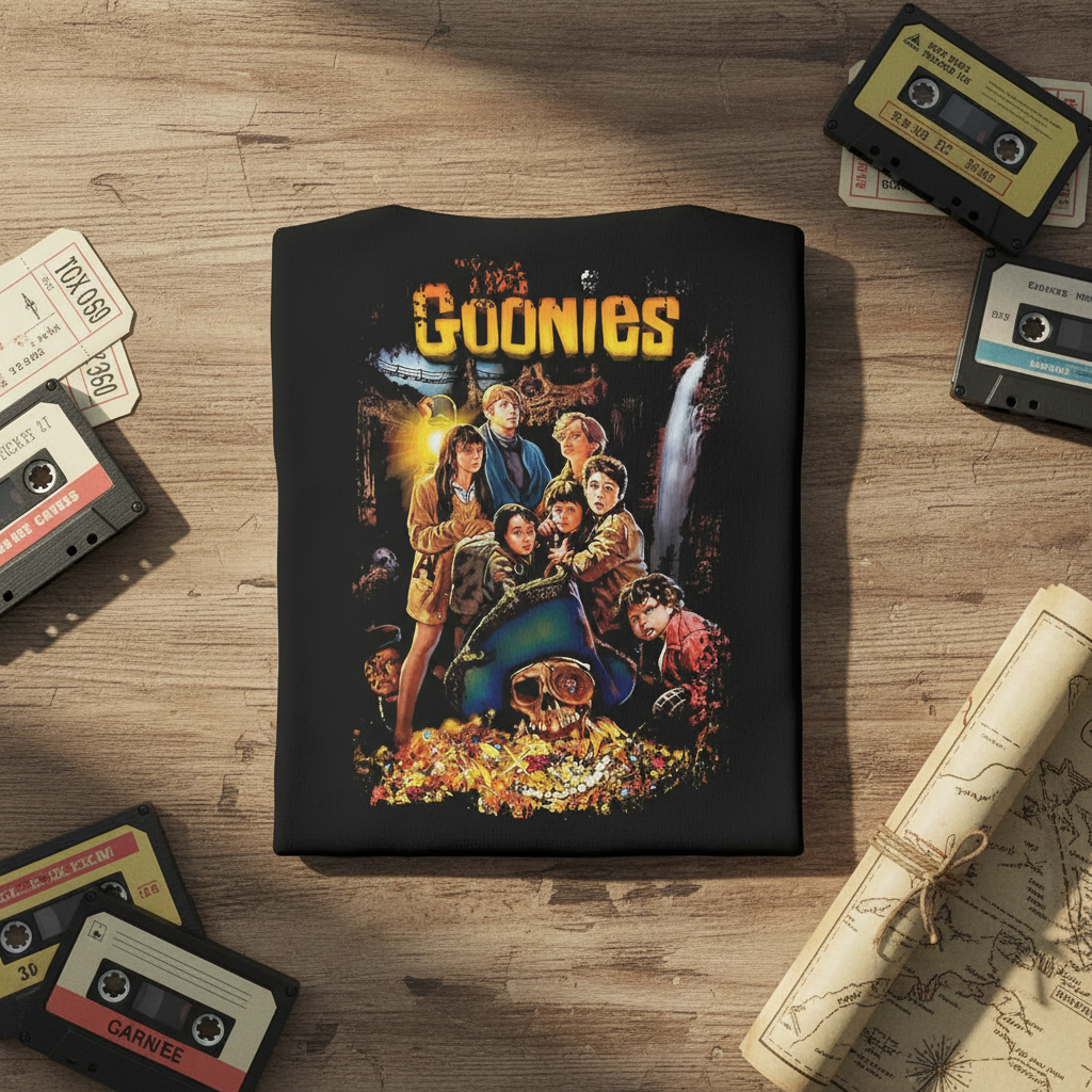 Goonies t-shirt flat lay with 80s props