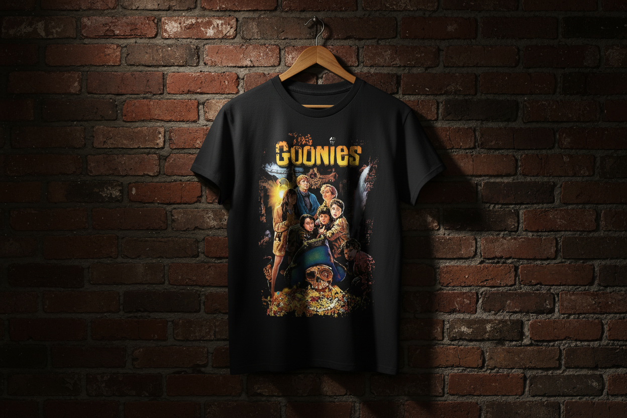 Goonies t-shirt on vintage hanger against brick wall