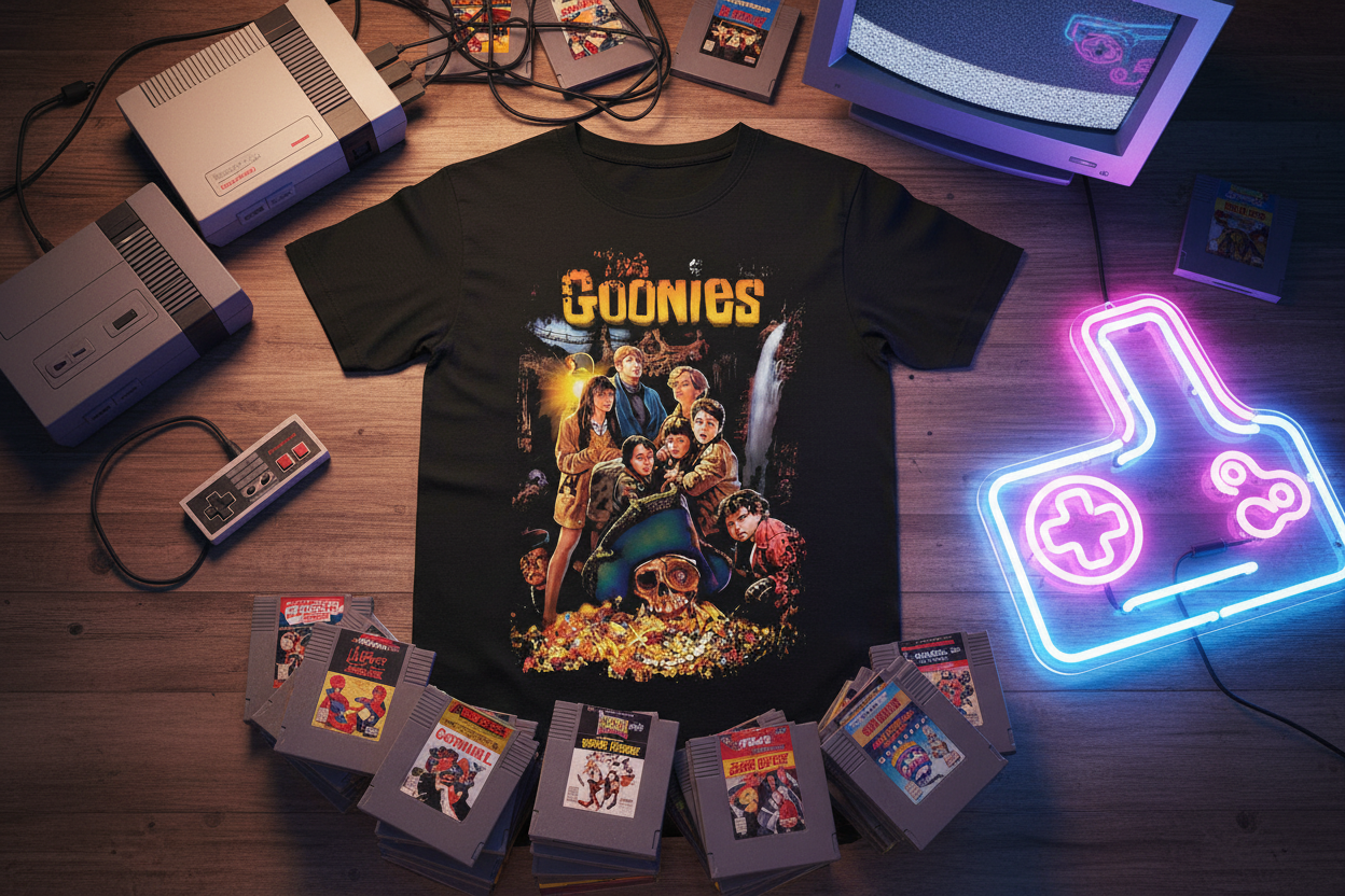 Goonies t-shirt with retro gaming setup