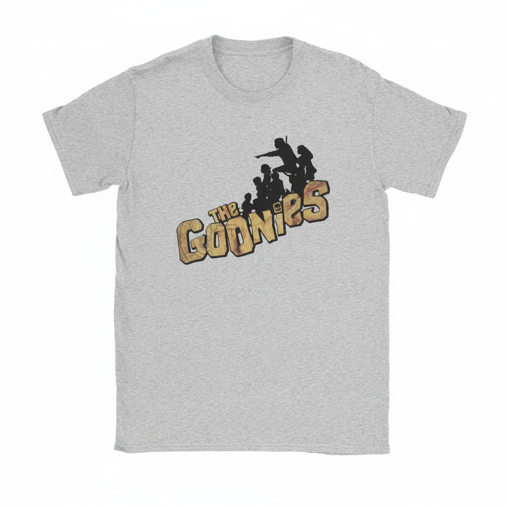 Gray t-shirt with 'The Goonies' logo on a white background
