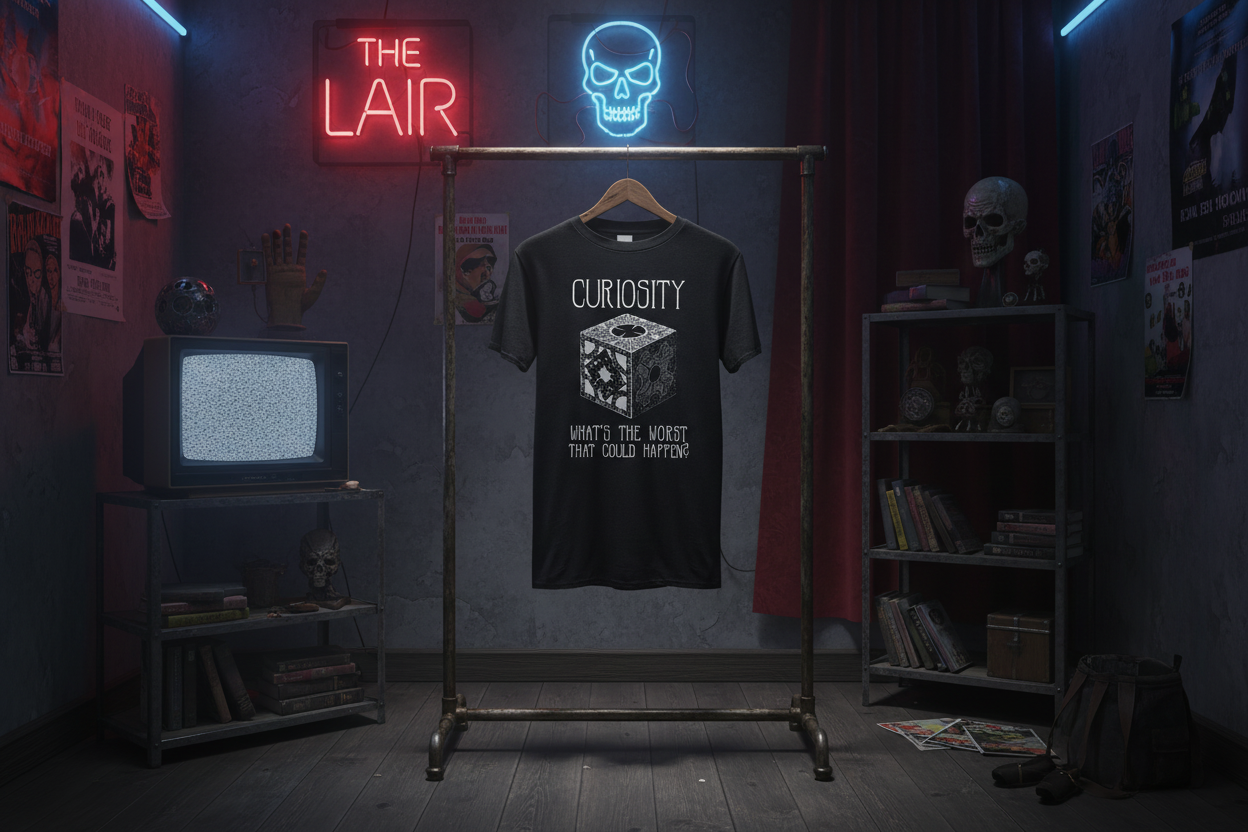 Curiosity - Hellraiser Tee Hanging in Horror Room