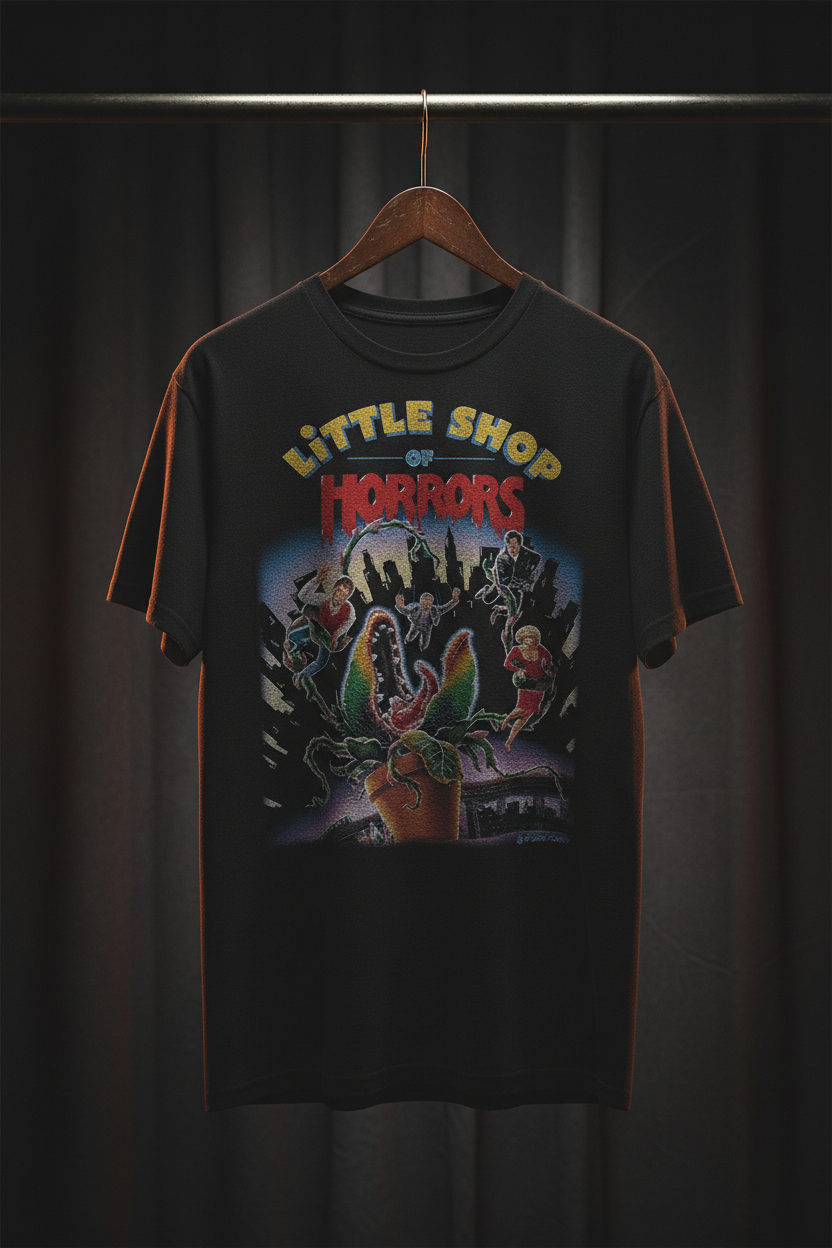 Little Shop of Horrors Retro Tee Hanging on vintage hanger with dramatic lighting