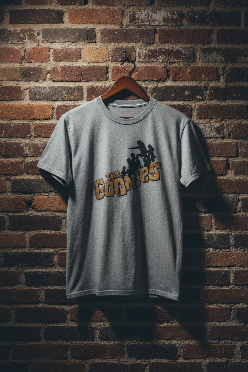 t-shirt with 'The Goonies' logo Hanging on vintage hanger