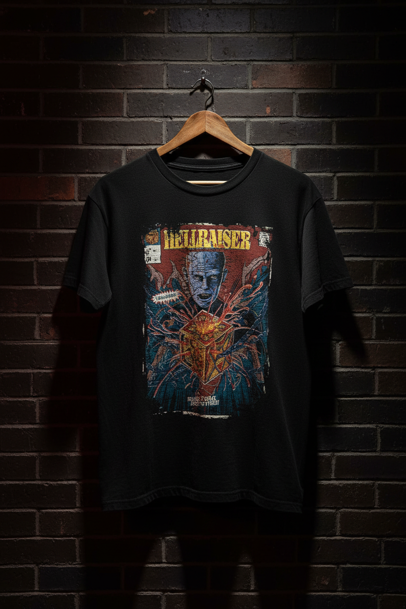 Hellraiser t-shirt on hanger against dark wall