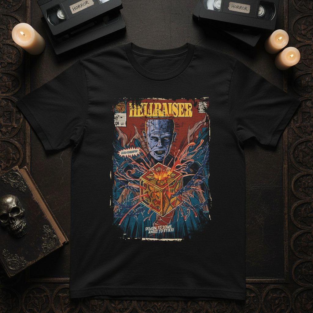 Hellraiser t-shirt with horror-themed props