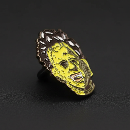 Leatherface enamel pin extreme close-up profile