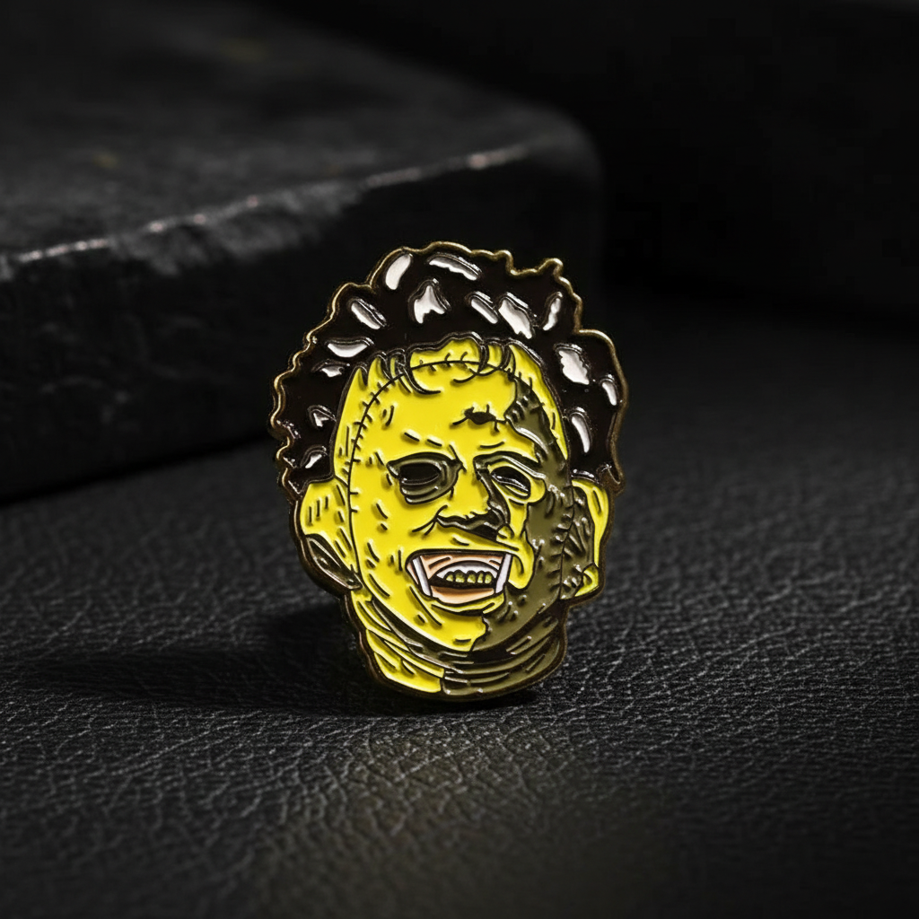 Leatherface pin close-up on black leather