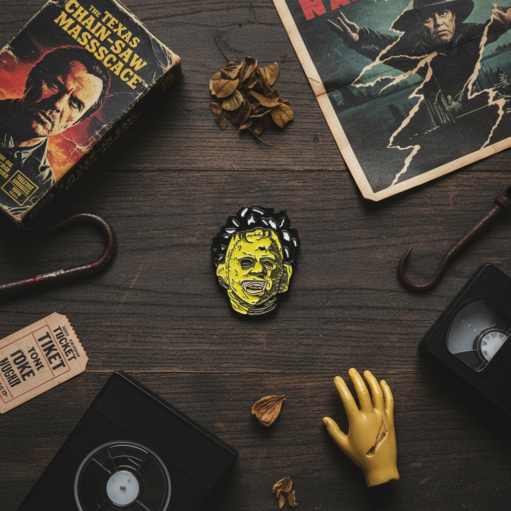 Leatherface pin flat lay with vintage horror elements