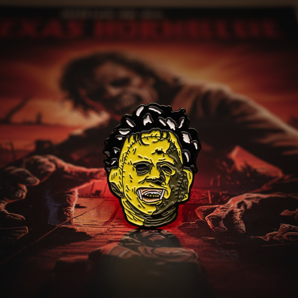 Leatherface pin with vintage horror poster backdrop