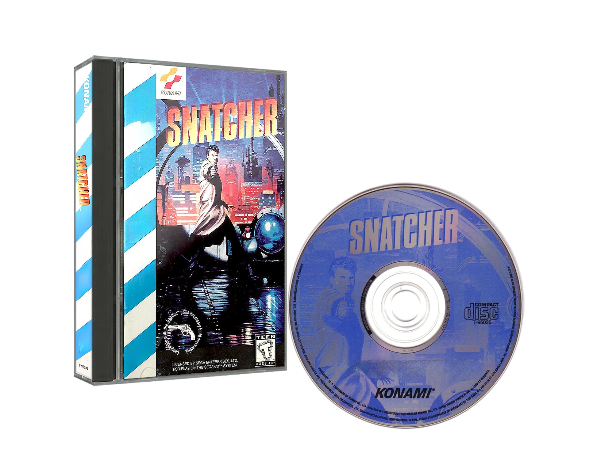 Gaming console software disc and packaging for 'Snatcher' by Konami on a white background