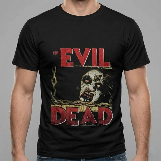 Black t-shirt with 'The Evil Dead' graphic design featuring a zombie face.