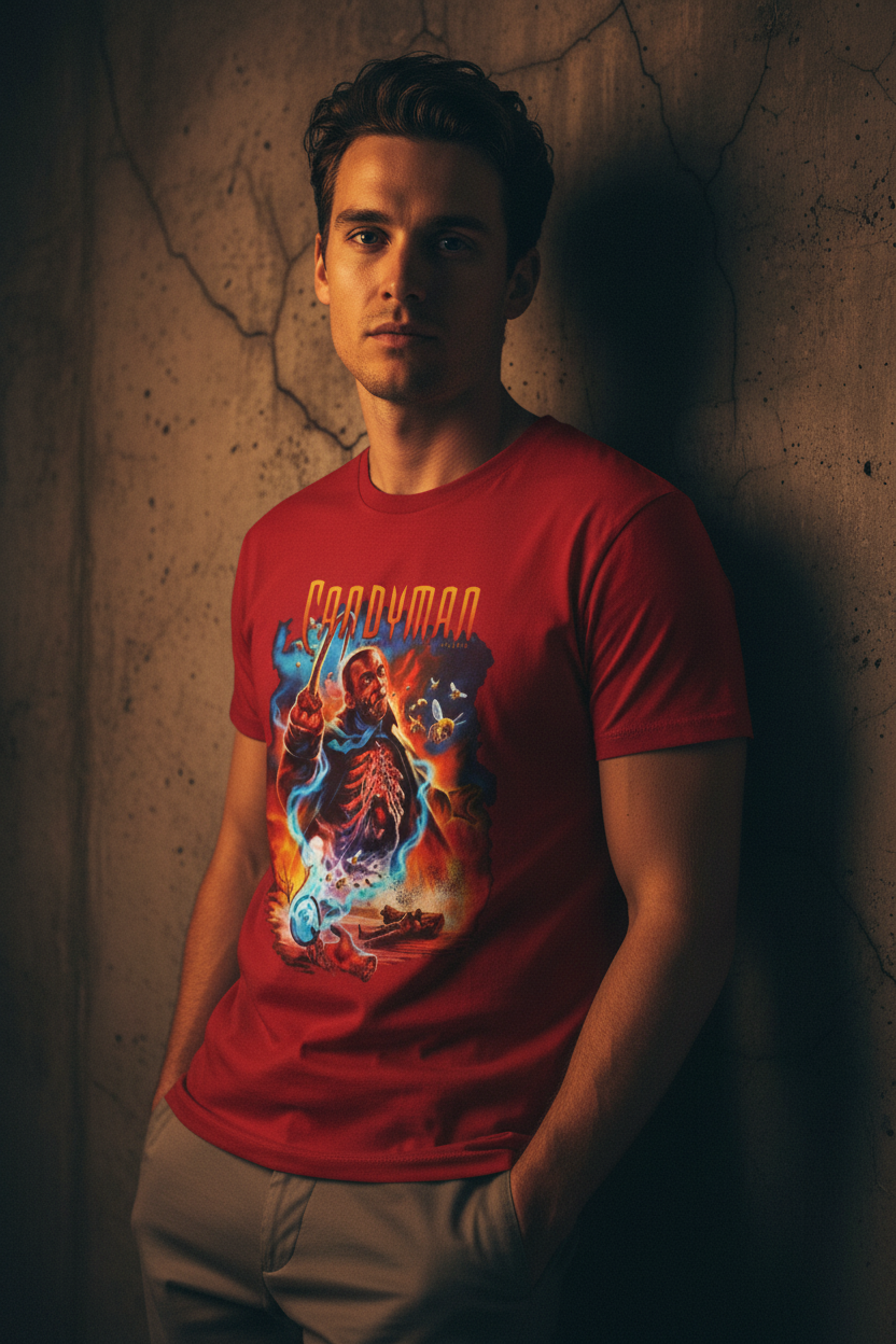 Male Cherry Red Tee Concrete Wall