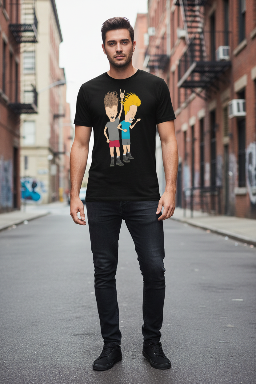 Male model in Beavis and Butthead tee