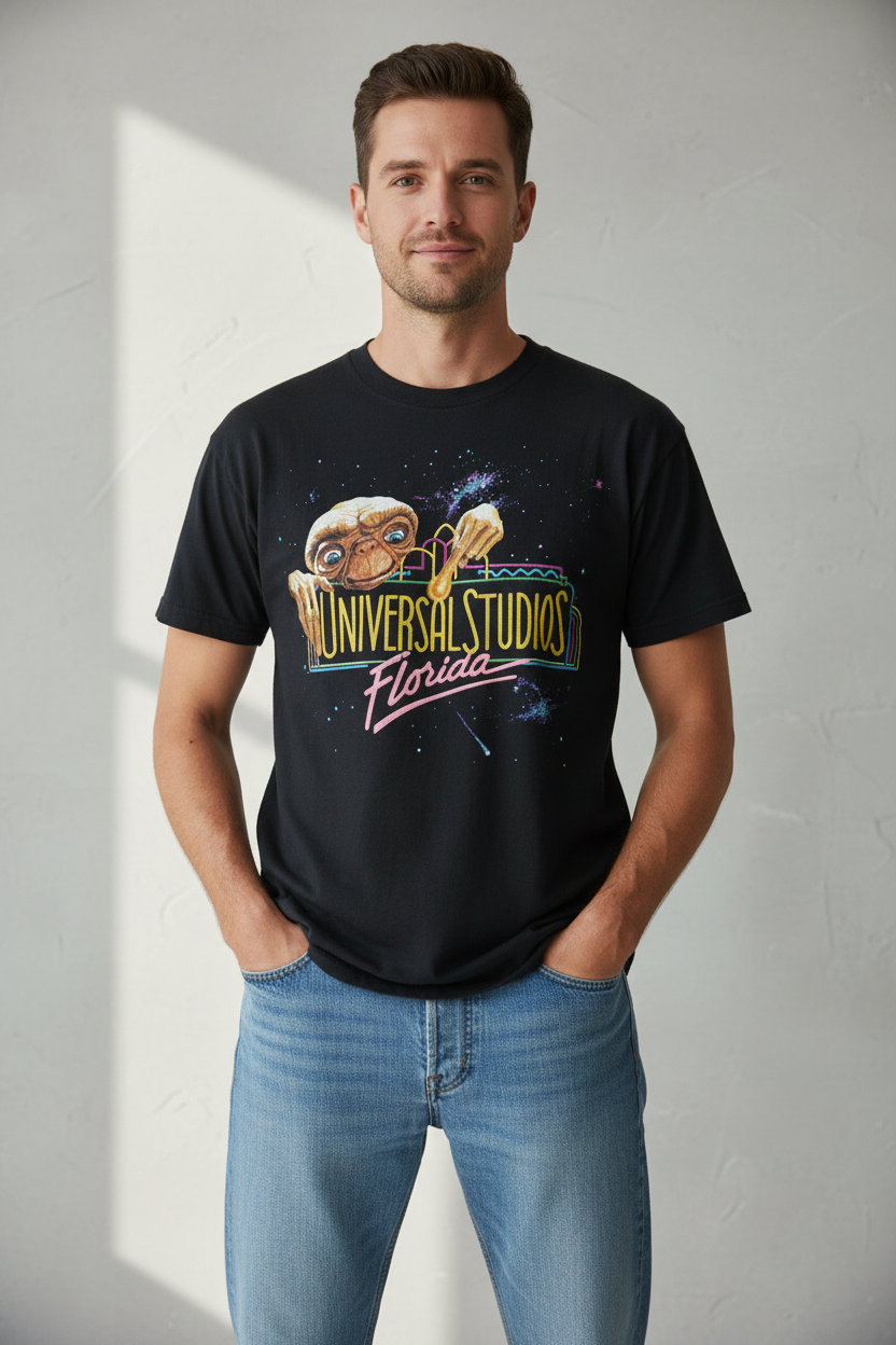 Male model in E.T. t-shirt - casual pose