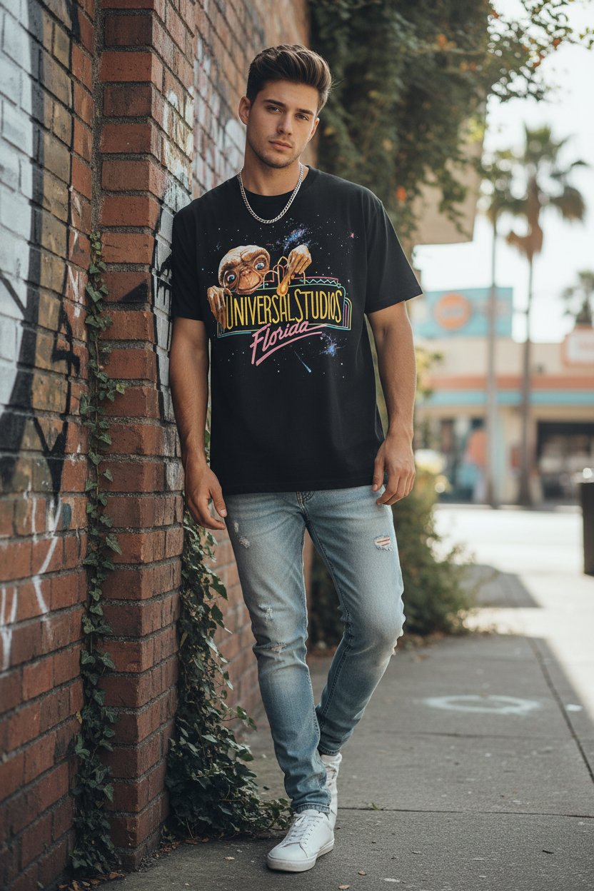 Male model in E.T. t-shirt - outdoor setting