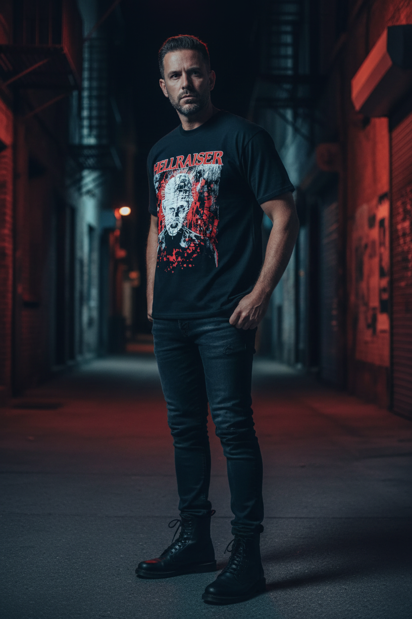 Male model in Hellraiser t-shirt - three-quarter angle