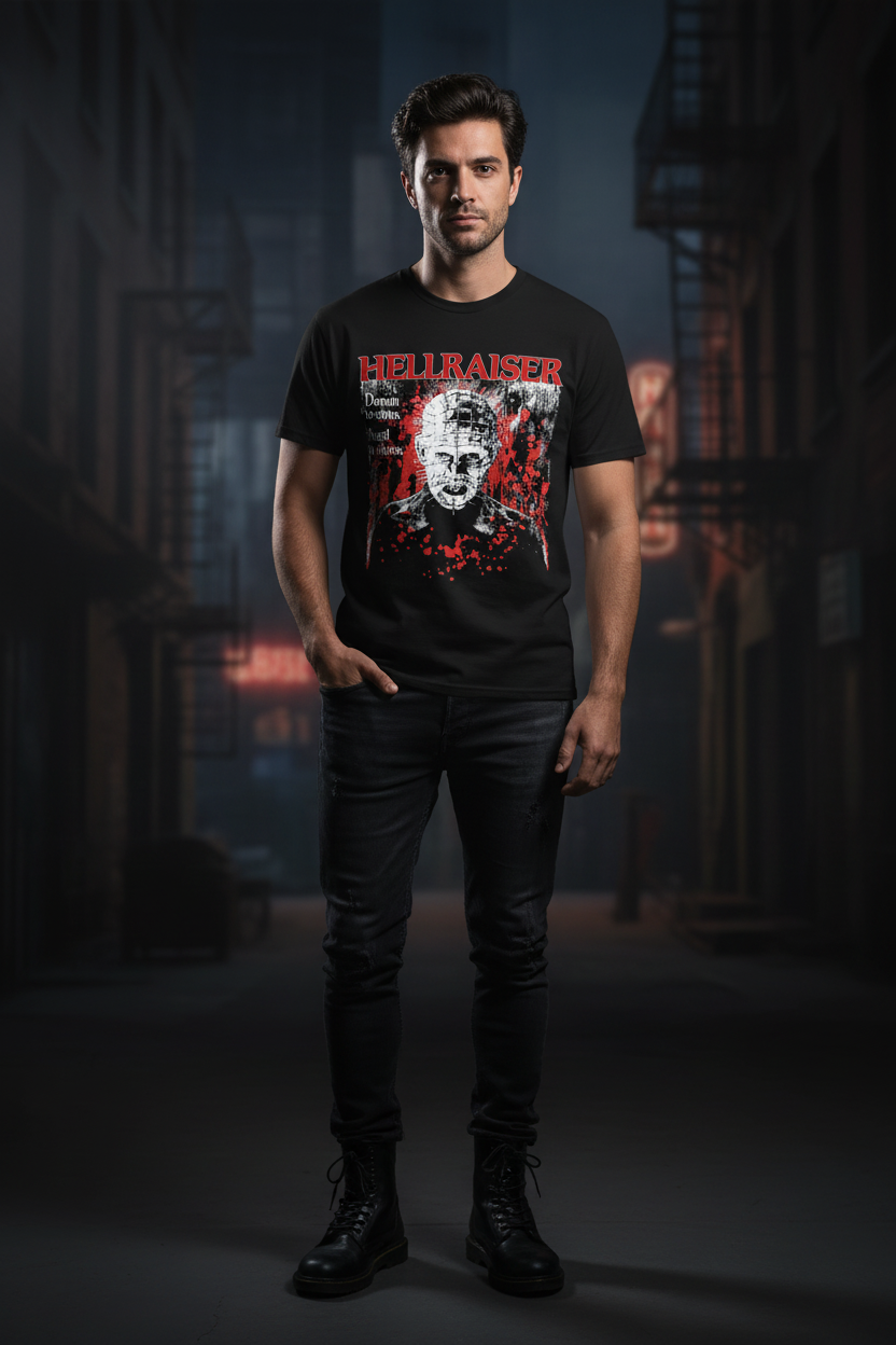 Male model in Hellraiser t-shirt - urban setting