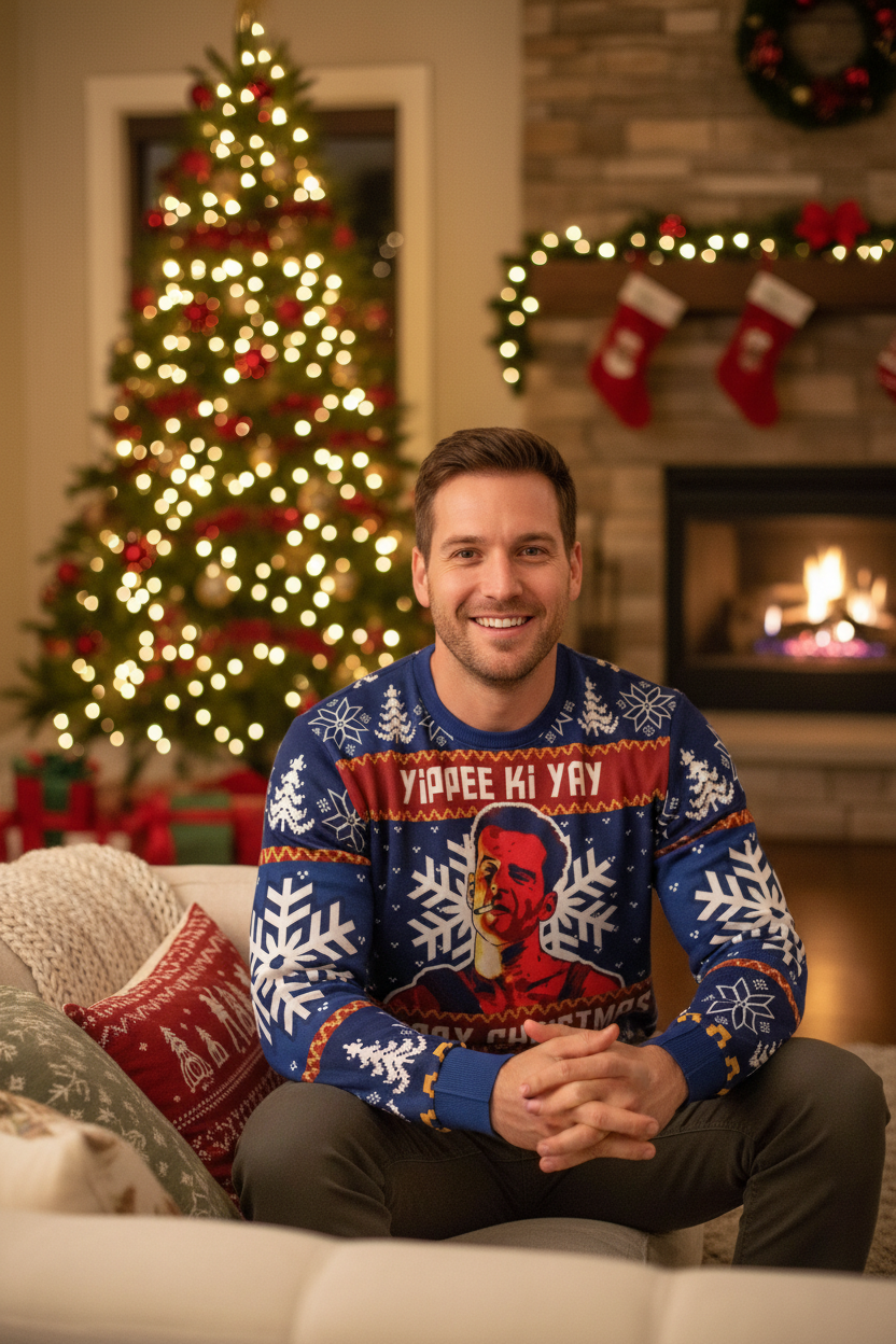 Male model in holiday living room