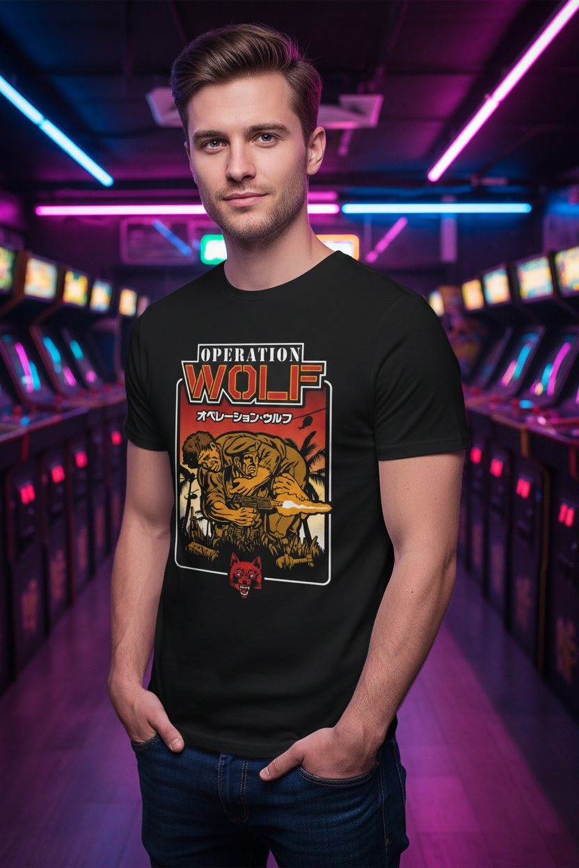 Operation Wolf Tee - Male model in retro arcade