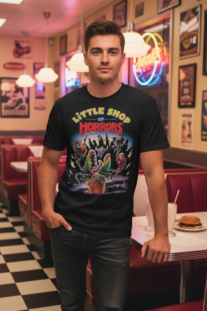 Little Shop of Horrors Retro Tee Male model in retro diner