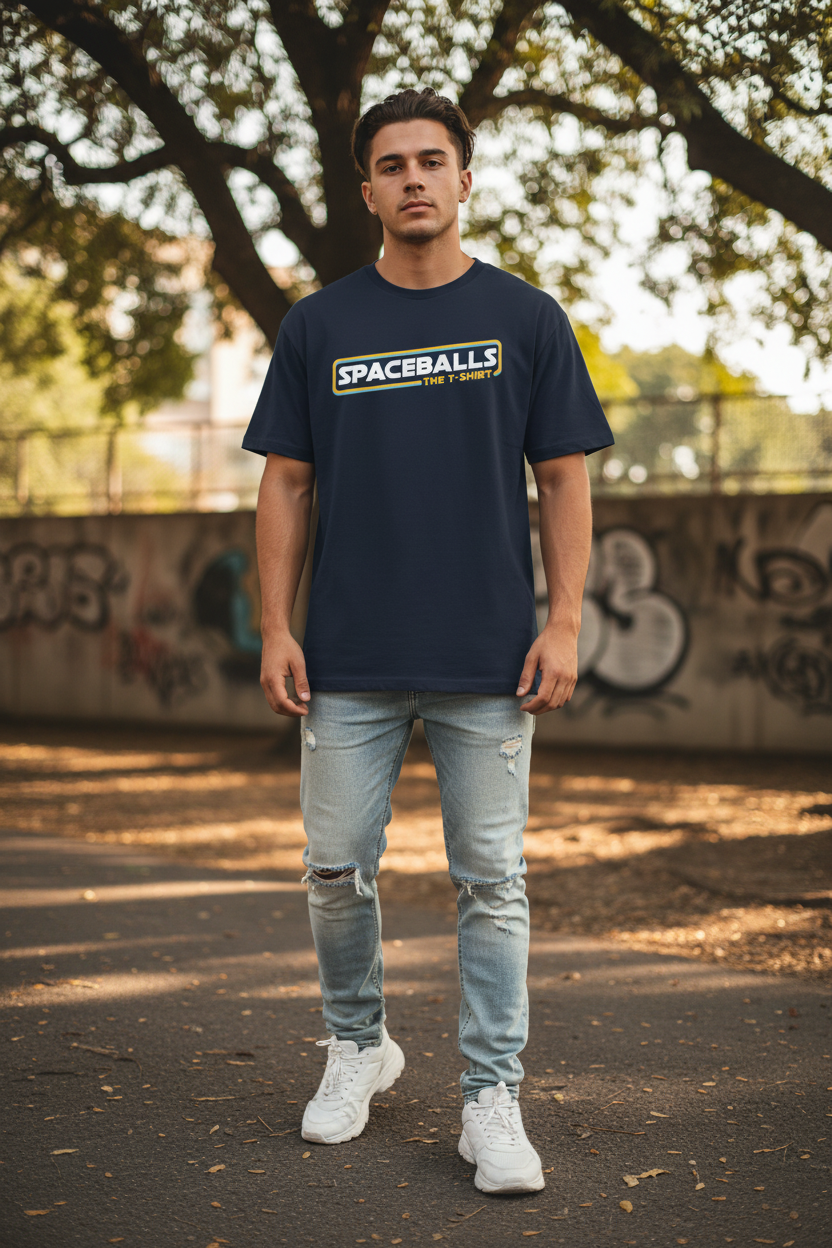 Male model in Spaceballs tee - outdoor setting
