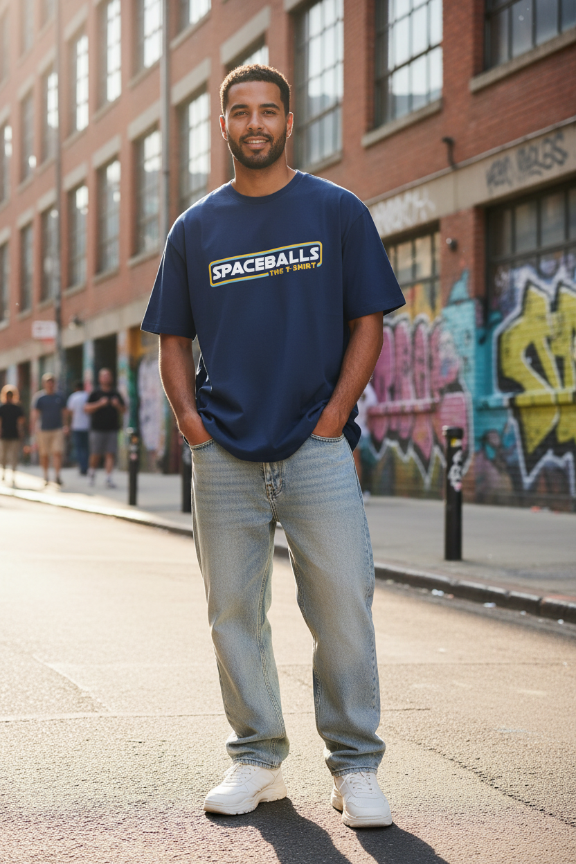 Male model in Spaceballs tee - urban setting