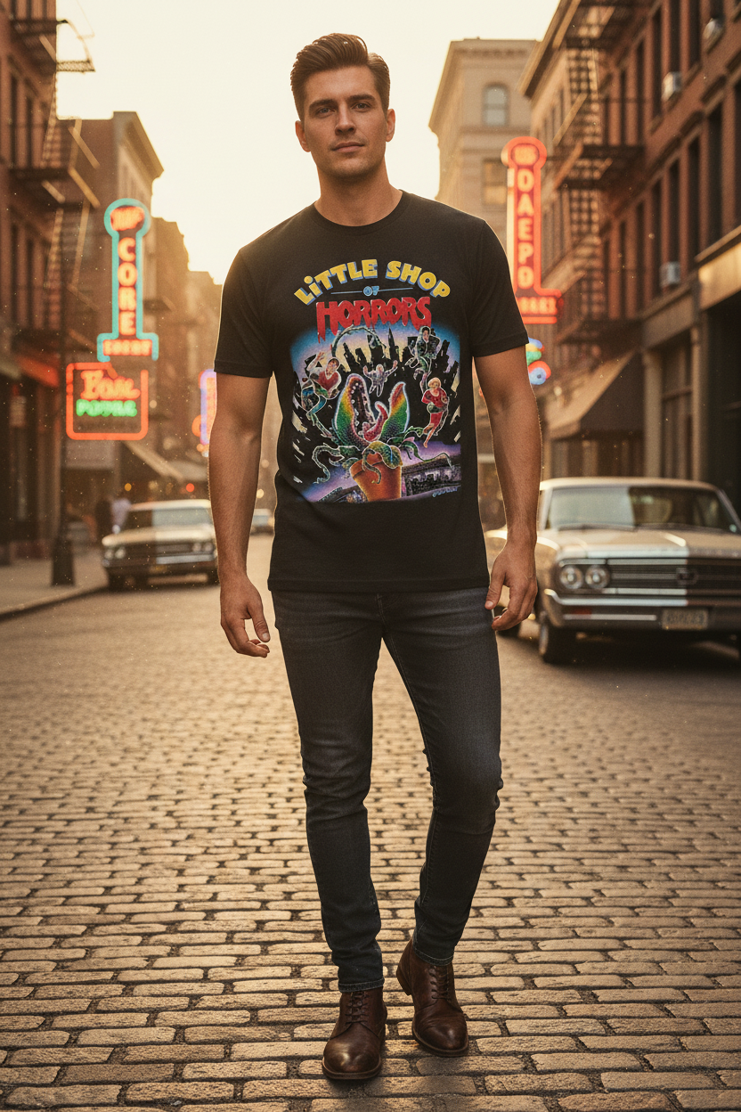 Little Shop of Horrors Retro Tee Male model in urban street setting