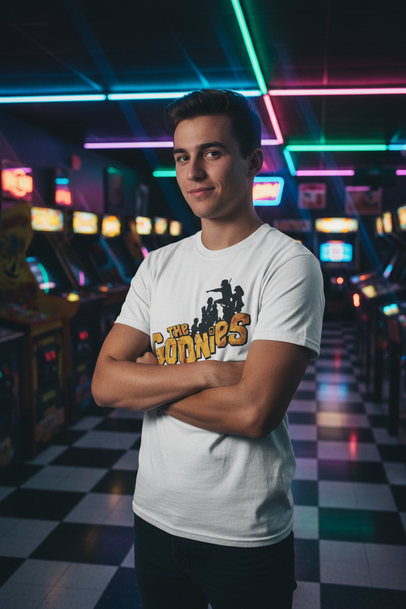 t-shirt with 'The Goonies' logo Male model retro arcade - white tee