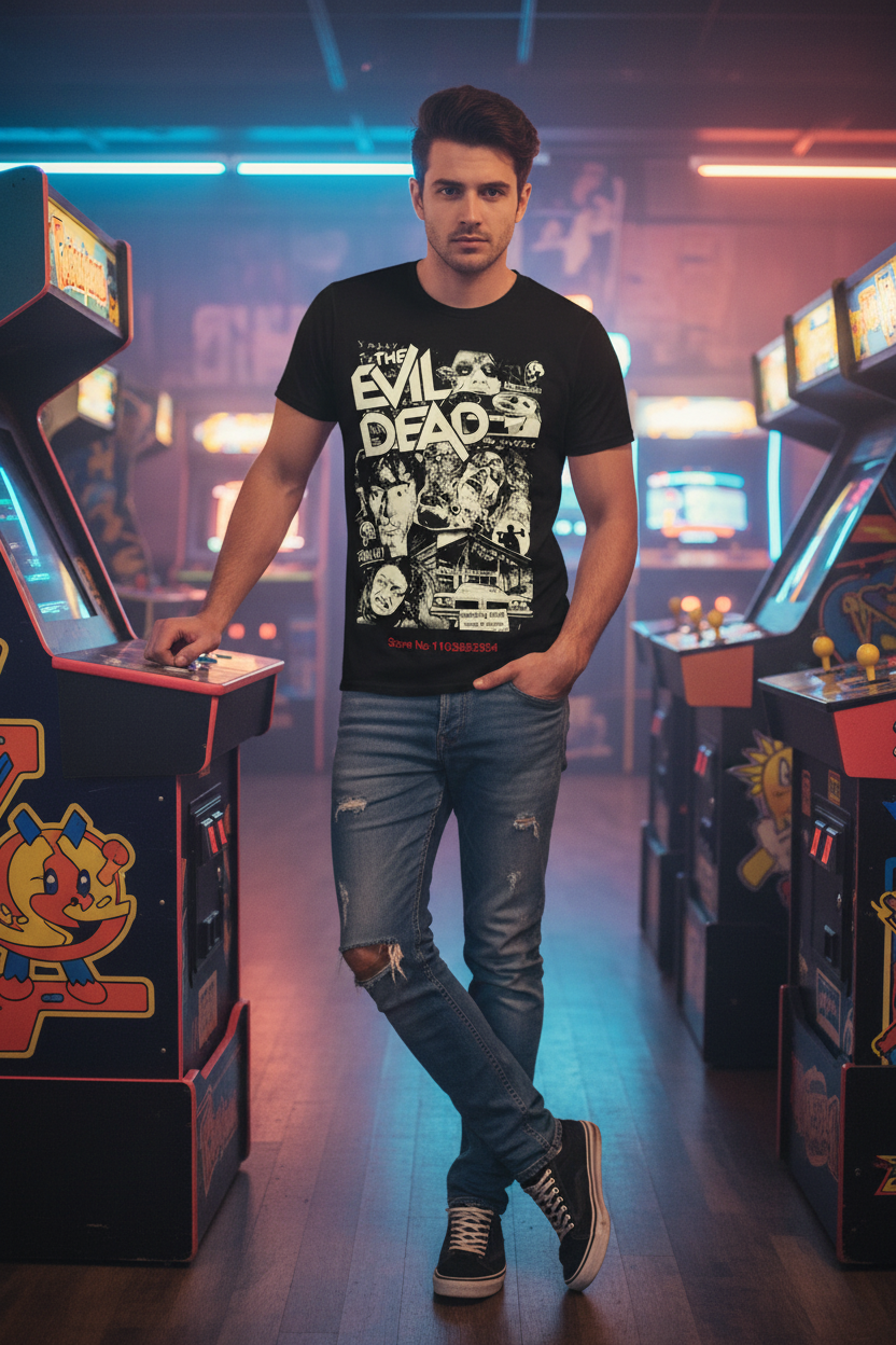 Male model retro arcade with product