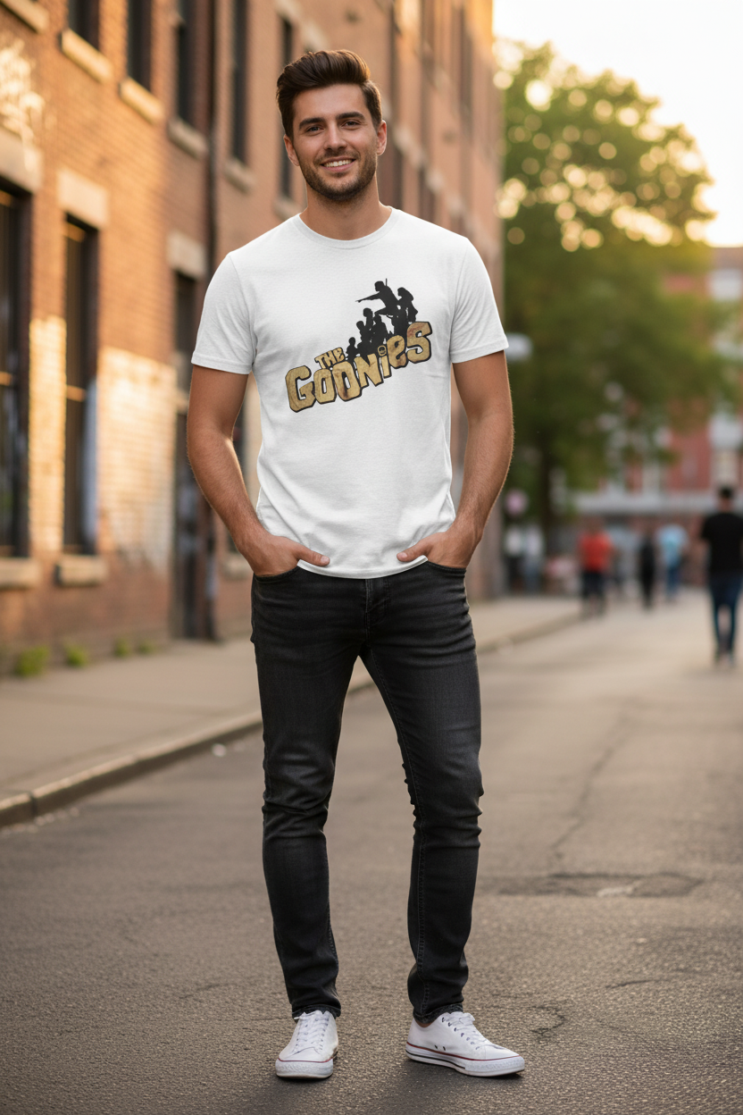 t-shirt with 'The Goonies' logo Male model urban setting - white tee