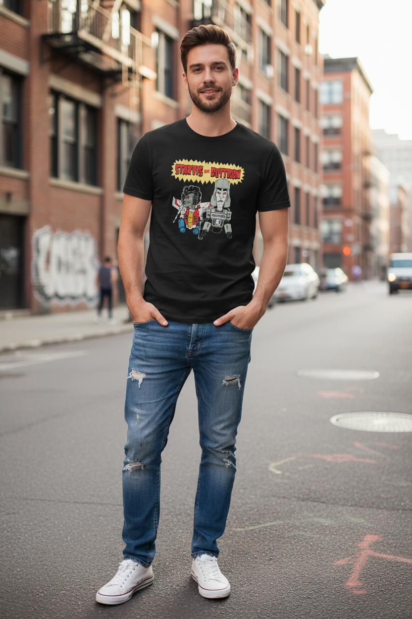 Male model wearing Beavis and Butt-Head t-shirt