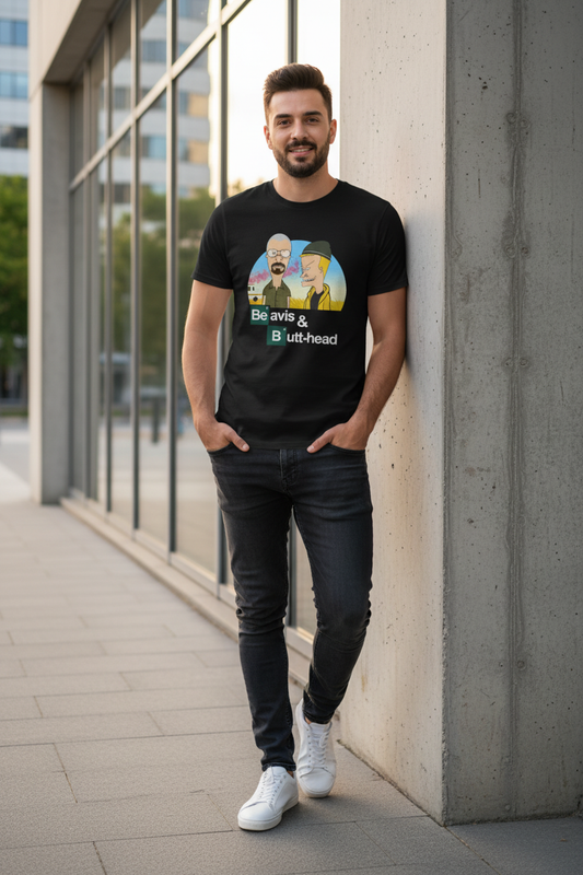 Male model wearing Beavis and Butthead Breaking Bad parody t-shirt