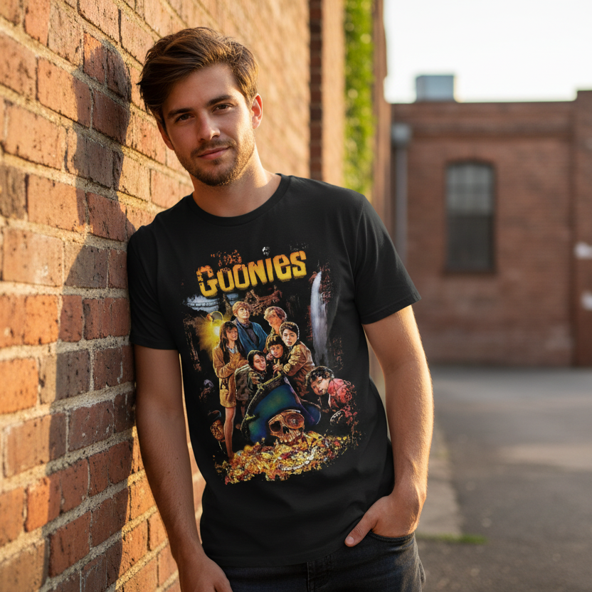 Male model wearing Goonies t-shirt against brick wall