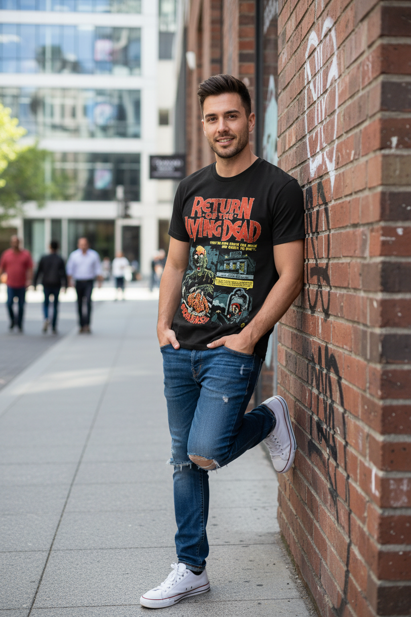 Male model wearing Return of the Living Dead t-shirt
