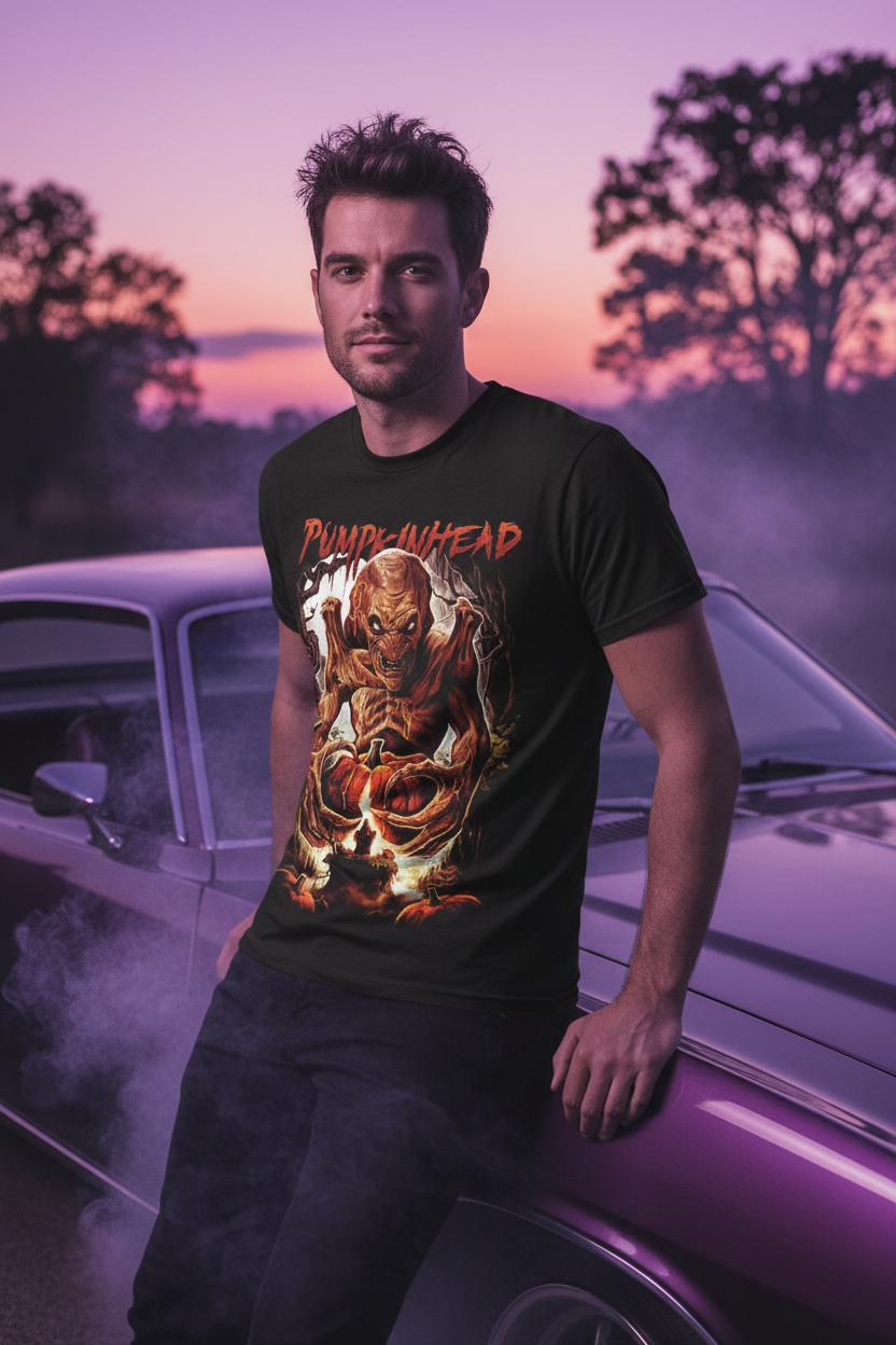 Male model with vintage car at sunset
